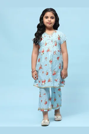 Biba Girls V-Neck Floral Printed Pleated Pure Cotton A-Line Kurta with Trousers