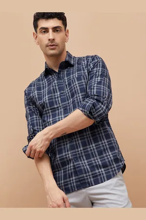 Lifestyle Men Cutaway Collar Tartan Checked Cotton Casual Shirt