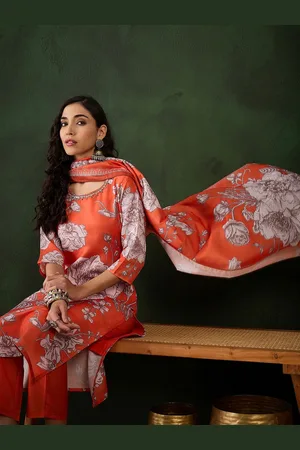 Sangria Orange-Coloured Floral Embroidered Stones And Beads Kurta & Trouser With Dupatta