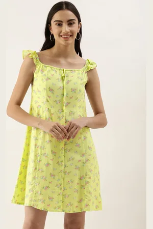 AND Lime Green & Multicoloured Floral Halter Neck Casual A-Line Dress