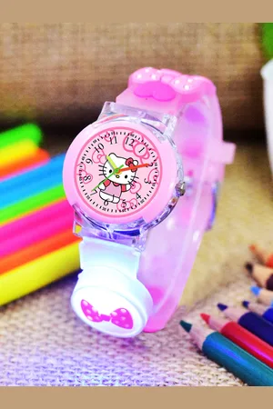 Shocknshop Kids - Girls Patterned LED Dial & Straps Analogue Watch 333 Kitty Pink