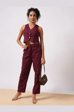 Globus Maroon V-Neck Sleeveless Waistcoat With Pleated Trousers