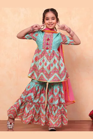Biba Girls Floral Printed Angrakha Pure Cotton A-Line Kurta with Sharara & Dupatta