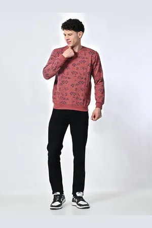 BAESD Men Floral Printed Round Neck Fleece Pullover Ribbed Sweatshirt