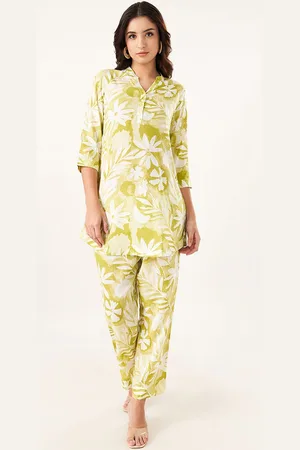 Pantaloons Floral Printed Mandarin Collar Straight Top with Trousers
