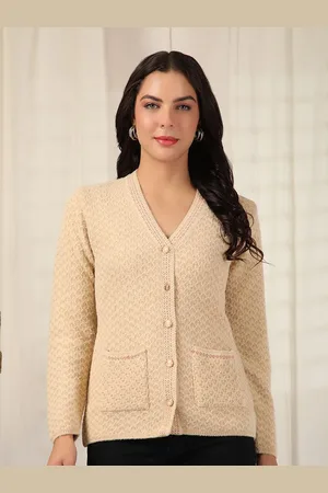 Cayman Women Self Design Cable Knit Woollen Cardigan Sweater