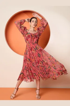 Antheaa Women Shoulder Embellished Straps Puff Sleeves Floral Print Fit & Flare Midi Dress