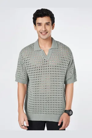 PEOPLE Men Self Design Polo Collar Cotton T-shirt