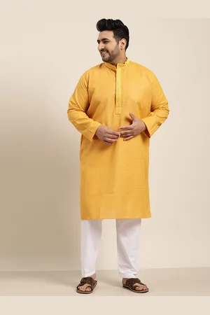SOJANYA Men Mustard Yellow & White Thread Work Pure Cotton Kurta with Salwar