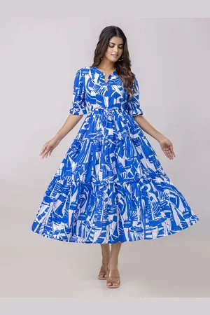 Kalini Women Abstract Printed Mandarin Collar Fit and Flared Maxi Dress