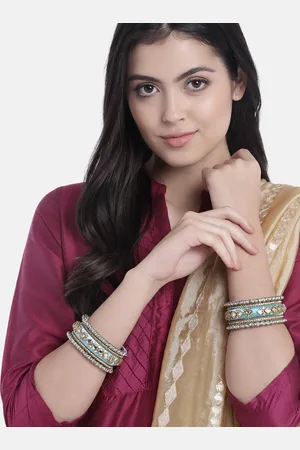 Peora Set Of 10 Blue Gold-Plated Stone Studded Silk Thread Bangles