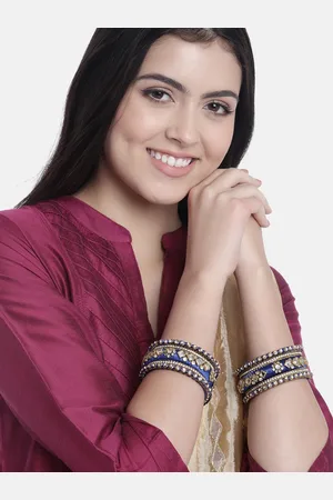 Peora Set Of 10 Blue Gold-Plated Stone Studded Silk Thread Bangles