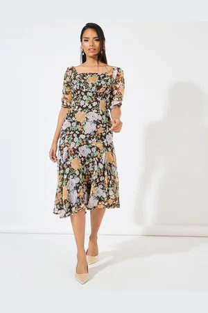 Styli Floral Printed Square Neck Puff Sleeves Sheath Midi Dress