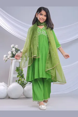 misbis Girls Floral Embroidered Thread Work Empire Anarkali Kurta With Palazzos & Dupatta