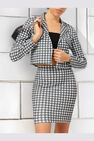 DressBerry Bold-Babe Notched Lapel Houndstooth Printed Co-Ords