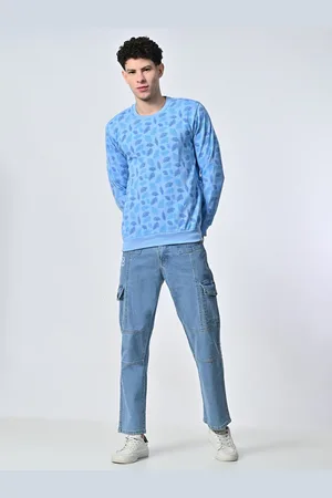 BAESD Men Floral Printed Round Neck Fleece Pullover Ribbed Sweatshirt