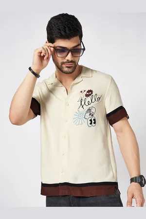 PEOPLE Men Cuban Collar Typography Printed Casual Shirt