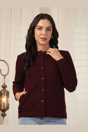 Cayman Women Self Design Cable Knit Henley Neck Woollen Cardigan Sweater