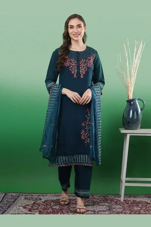 Sangria Floral Embroidered Thread Work Straight Kurta & Trouser With Dupatta
