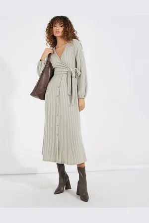 Styli Women Button Detail Ribbed Knit Wrap Midi Dress