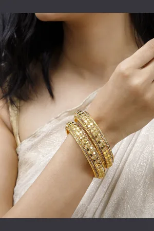 Rubans Set of 2 22K Gold-Plated Textured Bangles with AD Stone Detailing