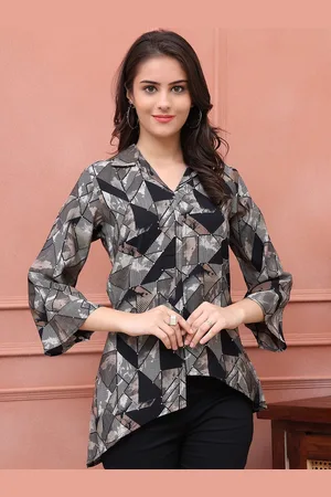 Claura Women Abstract Printed Shirt Collar Silk Blend Top