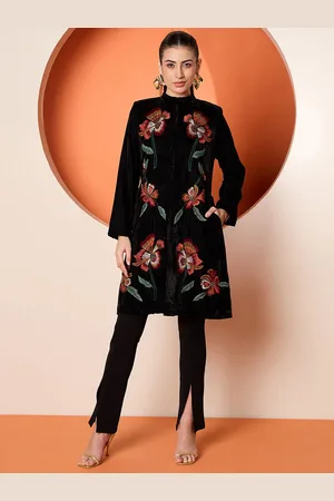 Antheaa Women Embroidered Velvet Longline Tailored Jacket