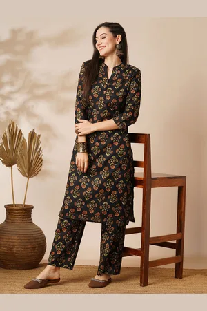 Globus Floral Printed Mandarin Collar Pure Cotton Straight Kurta With Trouser