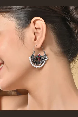 Fida Silver-Plated Pearls Beaded Contemporary Hoop Earrings