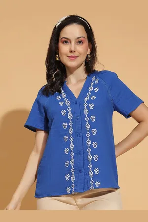 Oxolloxo Women Ethnic Motifs Printed Mandarin Collar Cotton Top