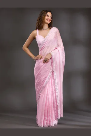 Koskii Striped Beads and Stones Pure Georgette Saree