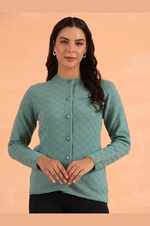 Cayman Women Self Design Cable Knit Henley Neck Woollen Cardigan Sweater