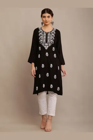 FAWOMENT Floral Embroidered Notch Neck A Line Work Kurta