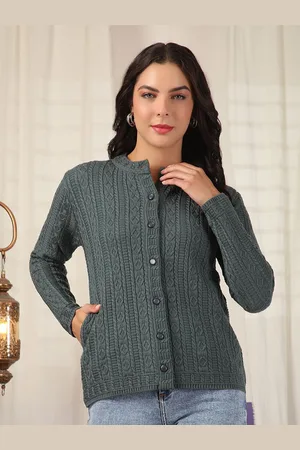 Cayman Women Self Design Cable Knit Henley Neck Woollen Cardigan Sweater