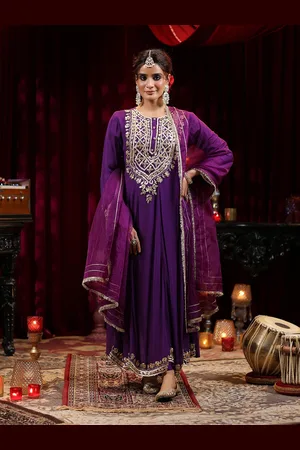 SCAKHI Ethnic Motifs Embroidered Gotta Patti Anarkali Kurta With Trousers & Dupatta