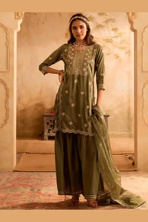 Bani Women Floral Embroidered Sequinned High Slit Straight Kurta with Palazzos & Dupatta