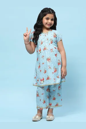 Biba Girls Floral Printed Zari Pure Cotton A-Line Kurta With Trouser