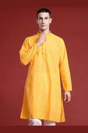 MANQ Men Floral Embroidered Chikankari Pure Cotton Kurta with Pyjamas