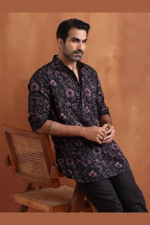 trueBrowns Floral Printed Mandarin Collar Cotton Straight Kurta