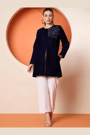 Antheaa Women Tailored Quilted Embroidered Velvet Jacket