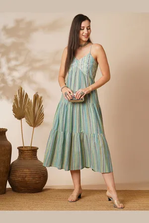 Globus V-Neck Strappy Shoulder Floral Embroidered Yoke Tiered A-Line Midi Fusion Dress