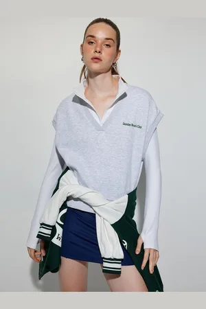 Koton Women Solid V-Neck Pullover Ribbed Sweatshirt