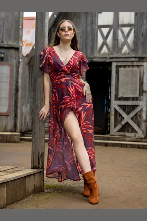Globus Women V-Neck Flutter Sleeves Tropical Printed Front Slit Fit & Flare Maxi Dress
