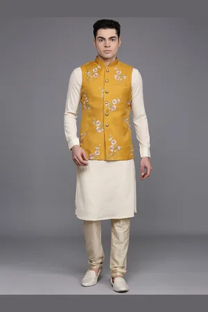 MANU Self Striped Mandarin Collar Kurta & Churidar With Nehru jacket