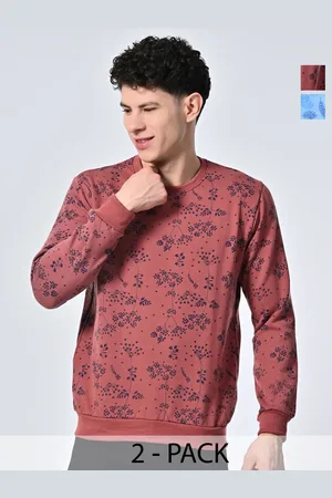BAESD Men Floral Printed Round Neck Fleece Pullover Ribbed Sweatshirt