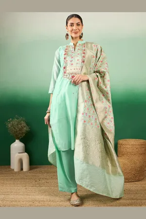 MANVAA Women Floral Yoke Design Zari Straight Kurta With Trousers & Dupatta
