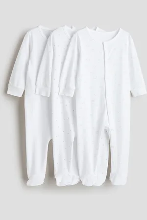 H&M Infant Boys Pack Of 3 White Printed Pure Cotton Long Sleeves Kids-Boys Sleepsuit