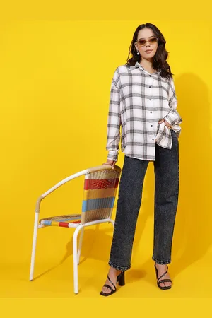 KOTTY Women Comfort Spread Collar Buffalo Checked Cotton Oversized Casual Shirt