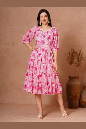 FASHOR Women Print Puff Sleeve Fit and Flare Midi Dress