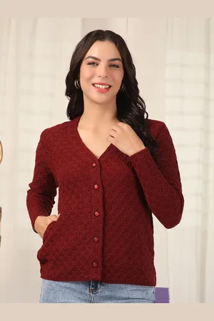 Cayman Women Self Design Cable Knit V-Neck Woollen Cardigan Sweater
